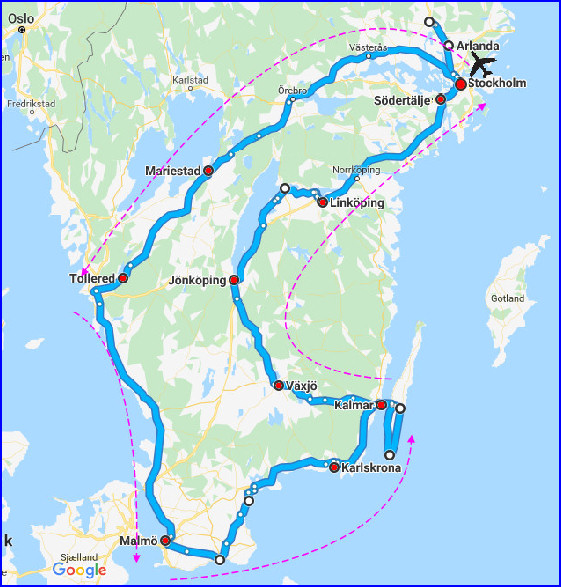 Unsere Reiseroute auf dem Weg durch Südschweden