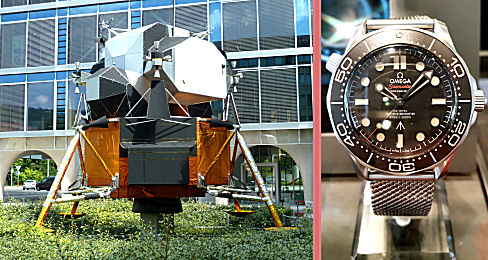 Modell der Apollo 11 Mondfähre und die beim Mondspaziergang getragene Omega-Uhr Speedmaster Professional in der Cité du Temps