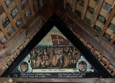 Dreieckige Gemälde in den Giebeln der Kapellbrücke